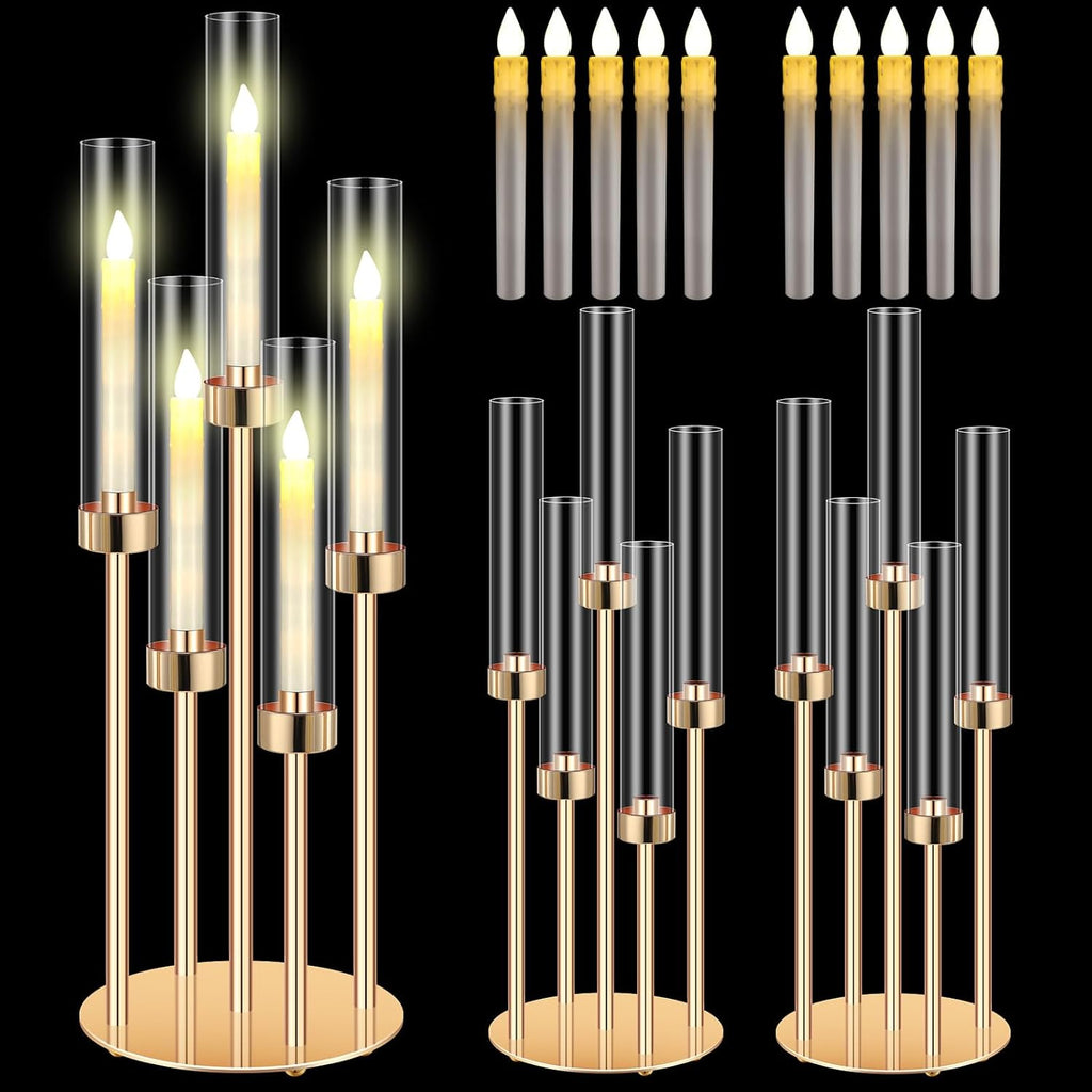 2 Set Gold Candelabra Centerpieces for Tables, 26.8 Inch 5 Arm Candle Holders with LED Candles and Acrylic Cylinders