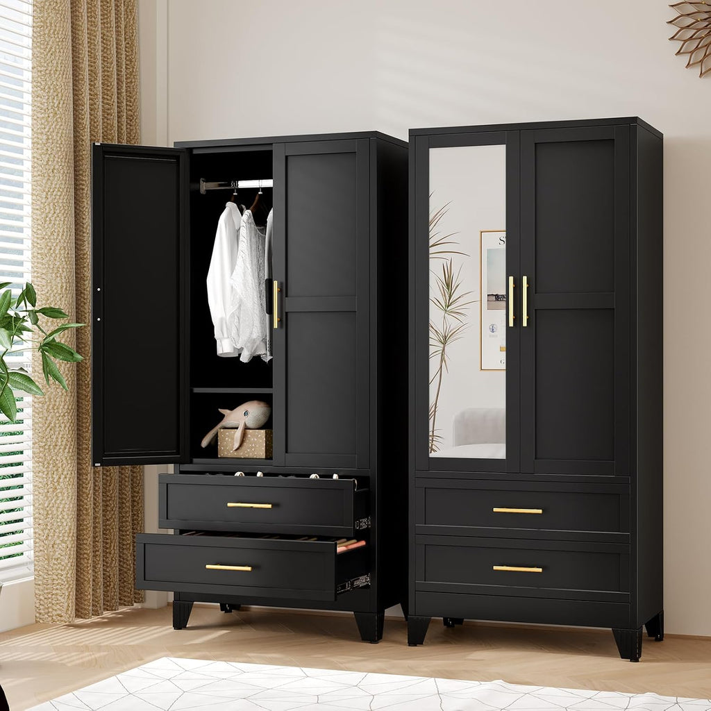 Metal Armoire Wardrobe Closet Storage Cabinet with 2 Doors Black, 71'' Wardrobe with Hanging Rod Metal Closet with