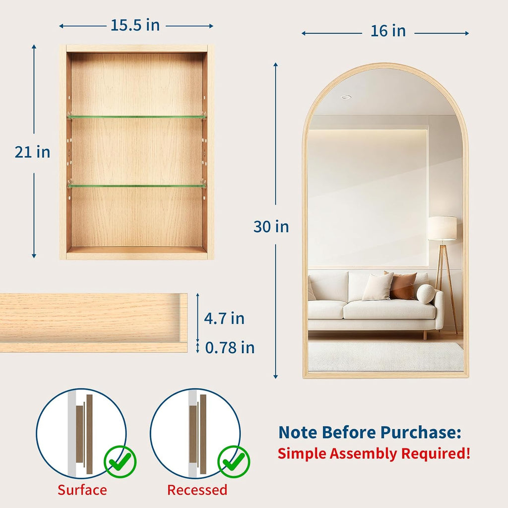 16x30'' Arched Medicine Cabinet with Mirror,Rust-Proof Aluminum, Recessed & Surface Mount Bathroom Mirror with
