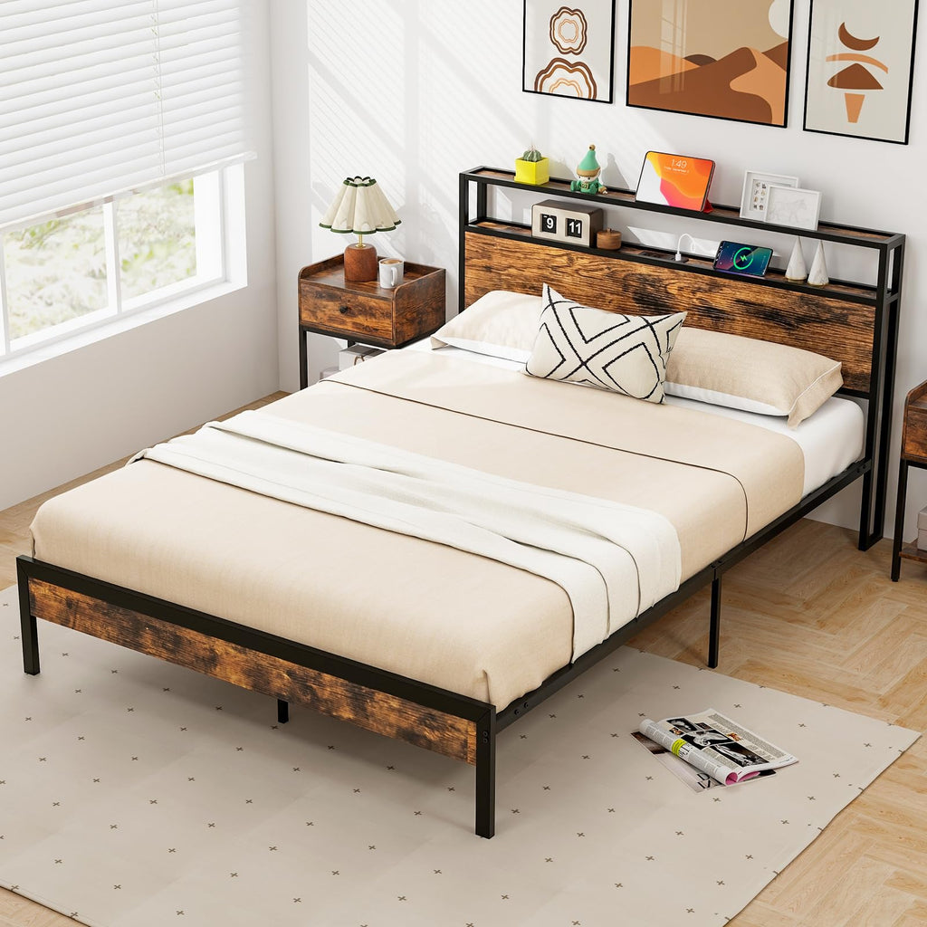 Bed Frame with 2-Tier Storage Headboard, Industrial Metal Platform Bed with Charging Station, Heavy Duty Metal