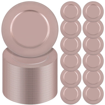 60 Pack Rose Gold Charger Plates, 13'' Round Beaded Plastic Plate