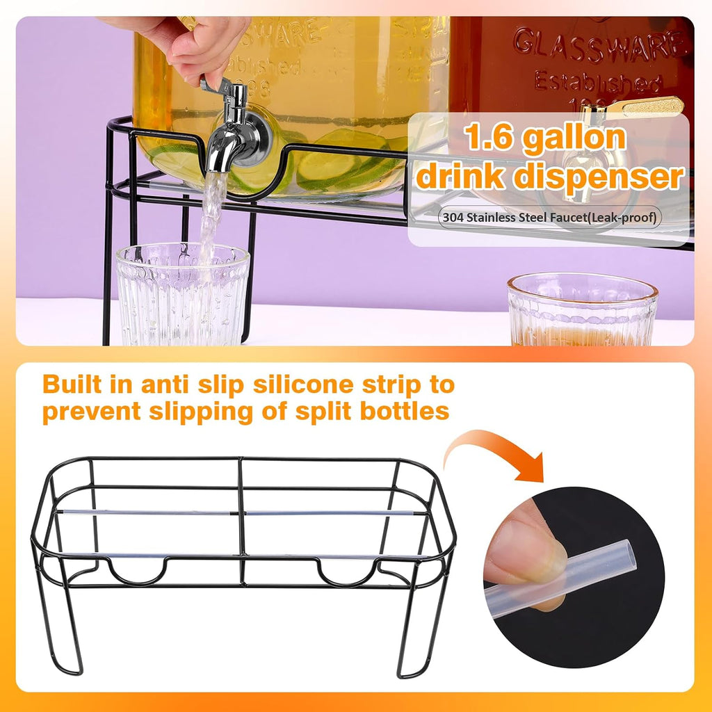 1.6 Gallon Glass Drink dispenser, Beverage Dispenser With Stand, Lemonade Dispenser with Stainless Steel - Set of 2