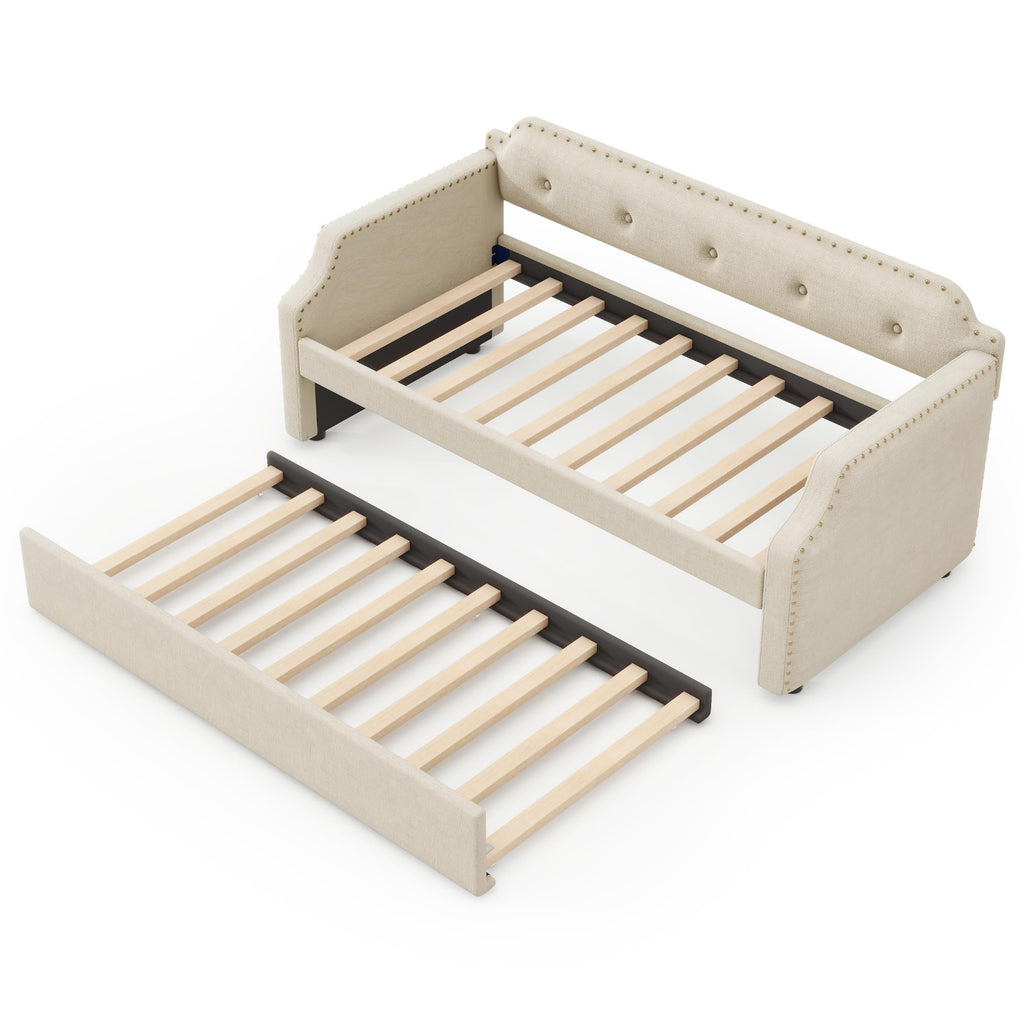 Twin Size Daybed with Trundle, Upholstered DayBed and A Trundle, Modern Tufted Sofa Bed Linen Fabric Daybed, Solid