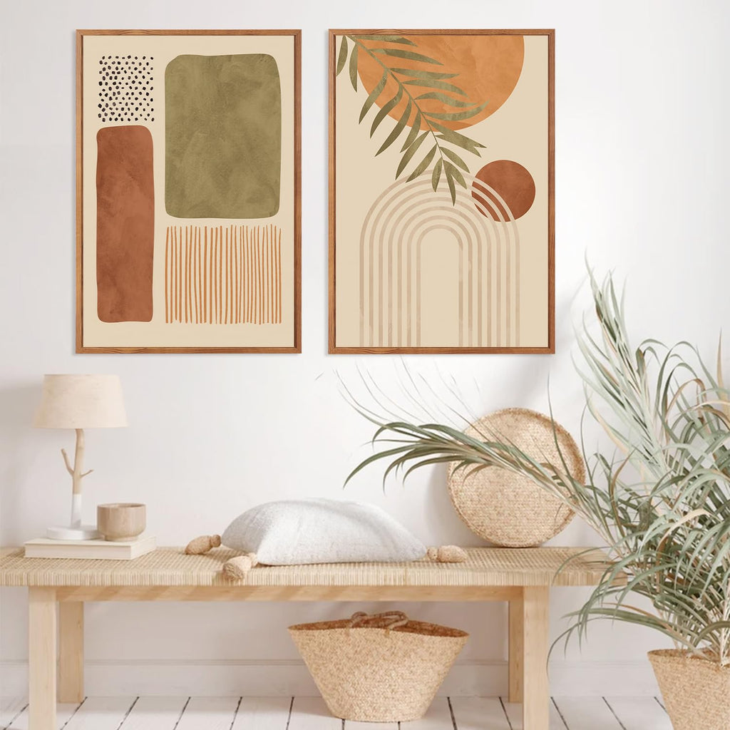 Boho Abstract Sage Framed Canvas Wall Art, Bohemian Neutral Wall Decor, Mid Century Beige Painting, Natural Minimalist