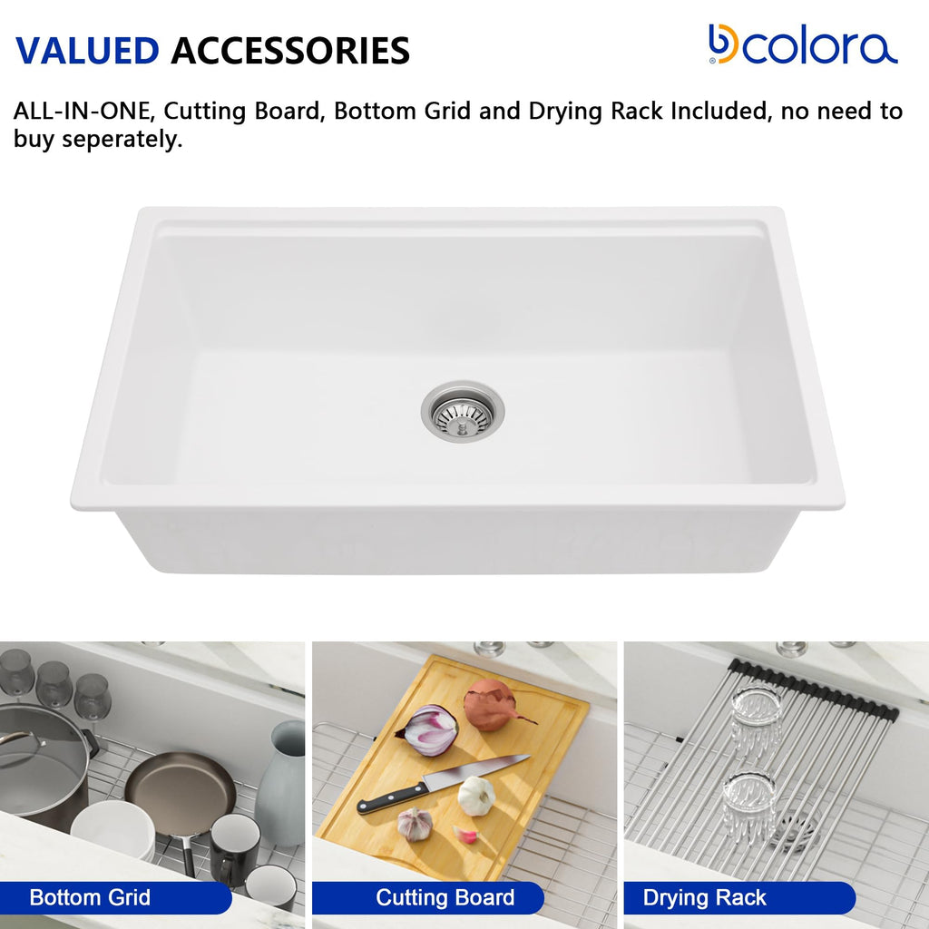 33 In. White Granite Composite Undermount Kitchen Sink Single Bowl Workstation, Quartz 33 Inch Kitchen Sink, 33" x