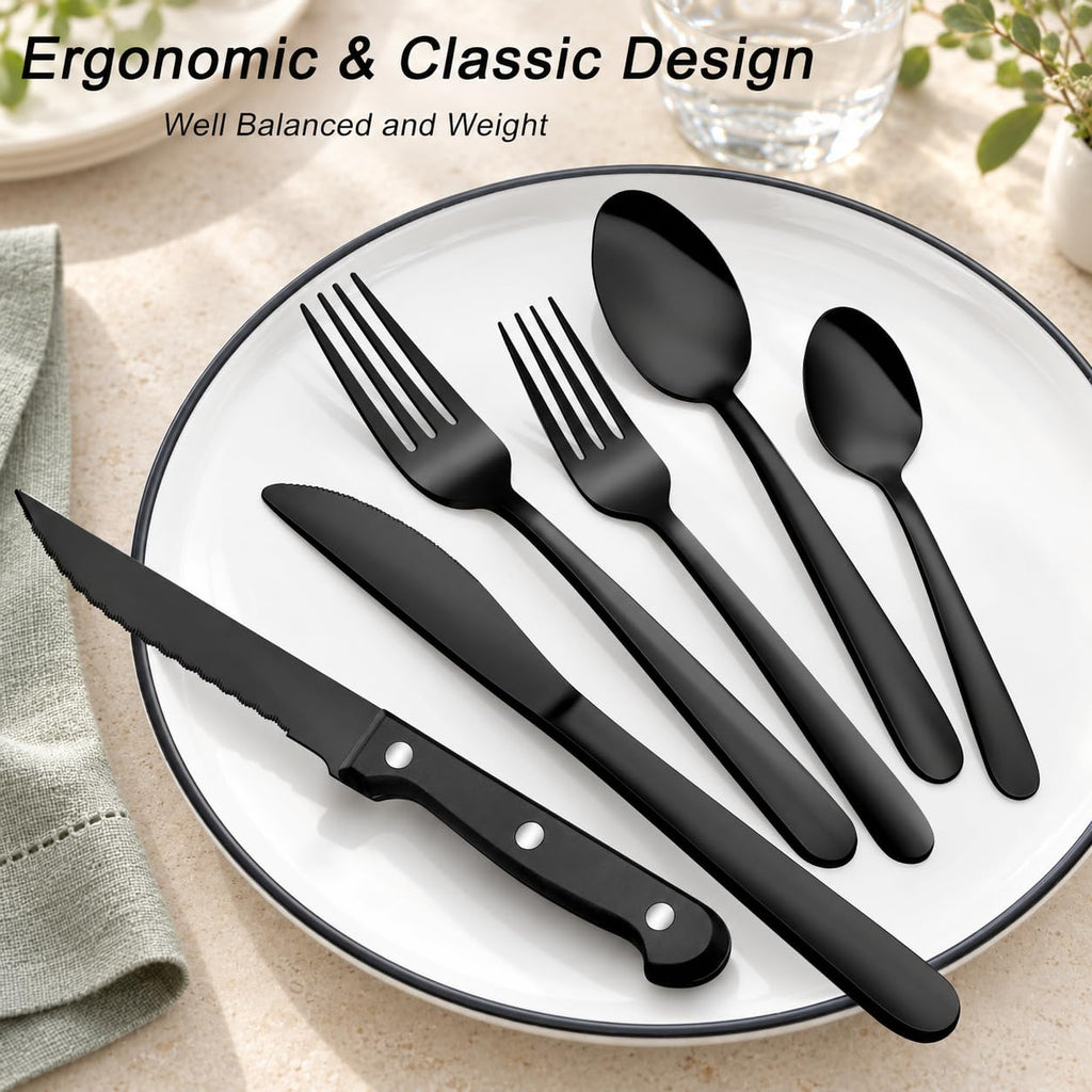 72P Black Silverware Set for 12 - Stainless Steel Flatware Set with Mirror Polish, Black Silverware Set Including