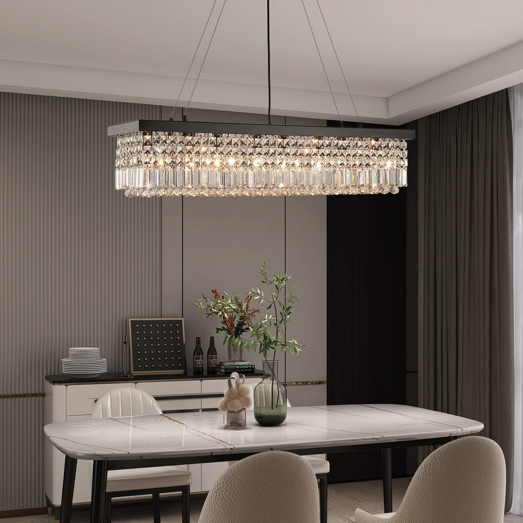 Rectangle K9 Crystal Chandelier Modern Rectangular Pendant Lighting Fixture Kitchen Island Bedroom Black L47'' x