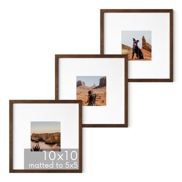 Walnut Oak Wood 10x10 Picture Frames - Set of 3, Square Frames with Mat, Minimalist Frames for Wall Art and Prints