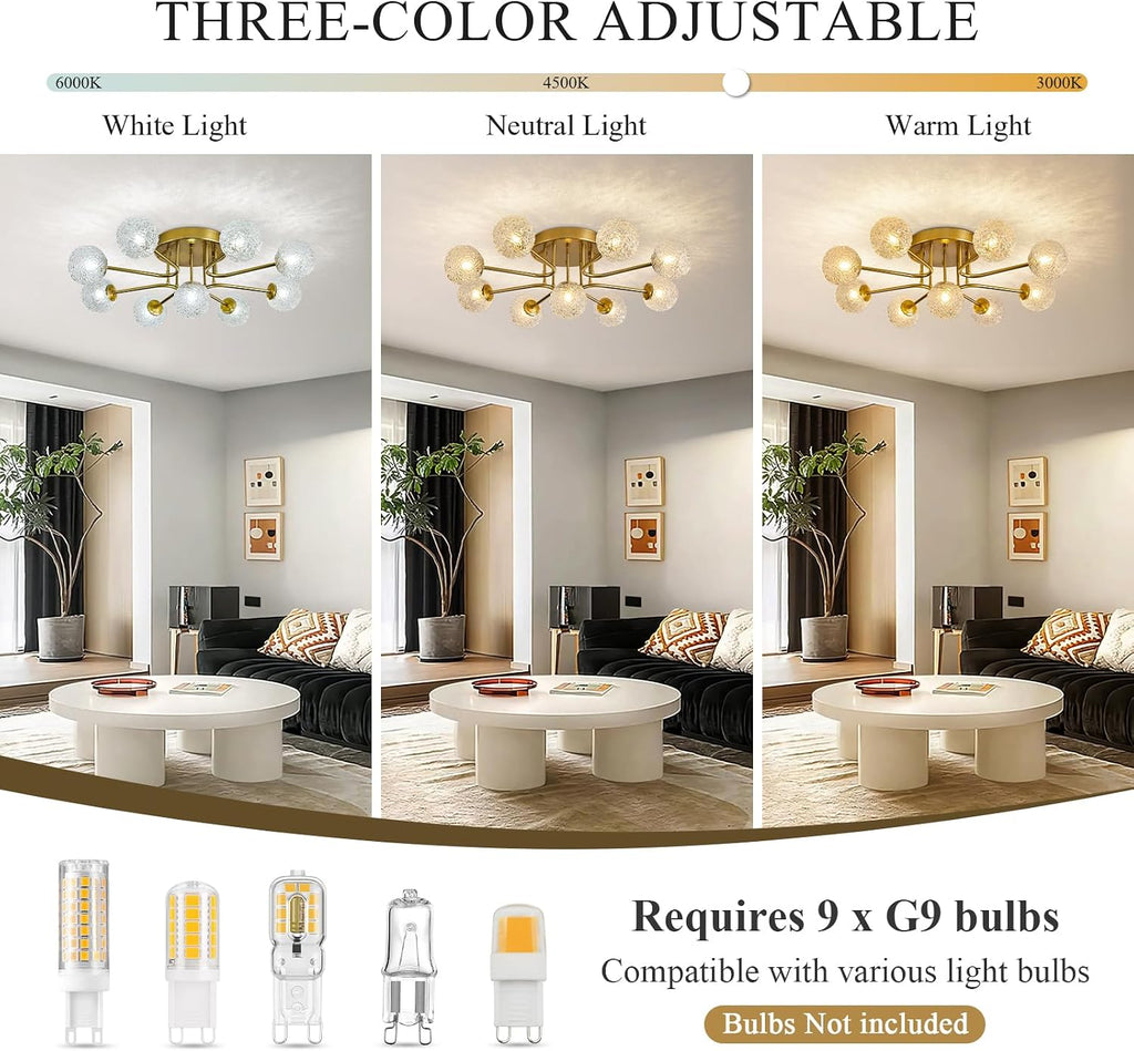 Sputnik Semi Flush Mount Ceiling Light Gold Glass Globe Chandelier Ceiling Lighting Mid Century Modern 9 Lights