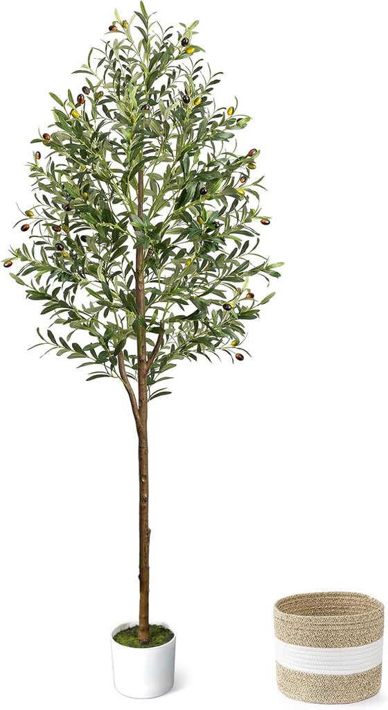 6FT Artificial Olive Tree - Indoor Tall Faux Olive Trees with Planter&Basket, Large Fake Olive Silk Tree Realistic