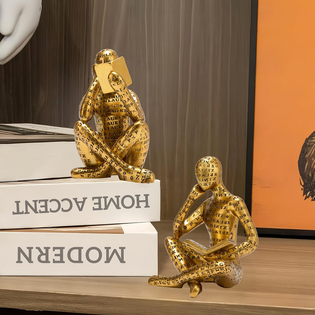 Antique Gold Reading Thinker Statue, Set of 2 Abstract Art Sculptures