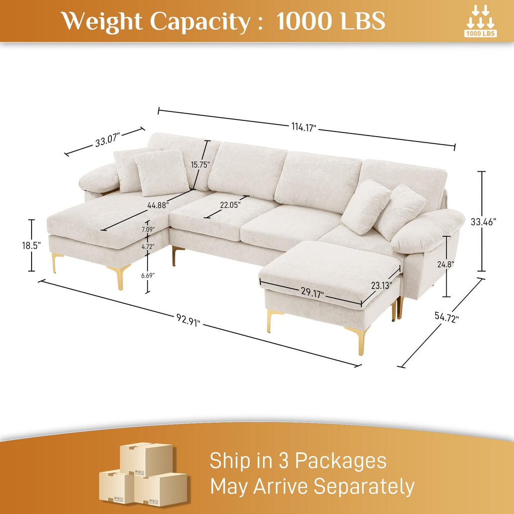114" U-Shaped Velvet Sectional Couch with Ottoman, White
