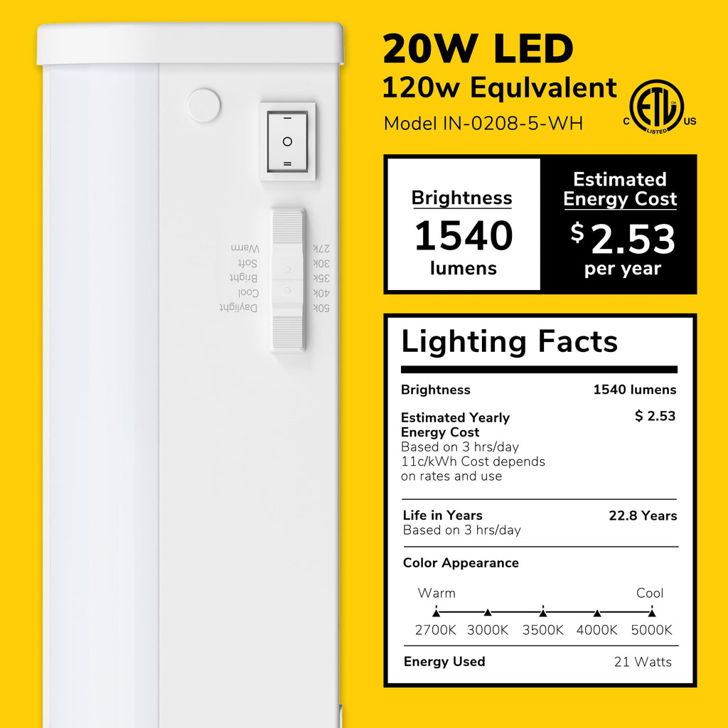 LED Under Cabinet Light, 5-CCT Selectable, Dimmable, White
