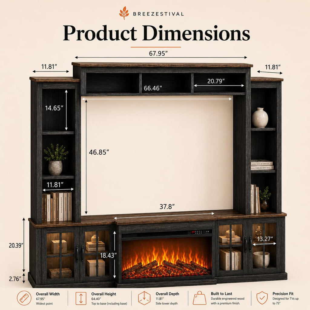 Black Farmhouse TV Stand with Fireplace, Entertainment Center, 98" Wall Unit Media Console with Bookshelf, Cabinet &