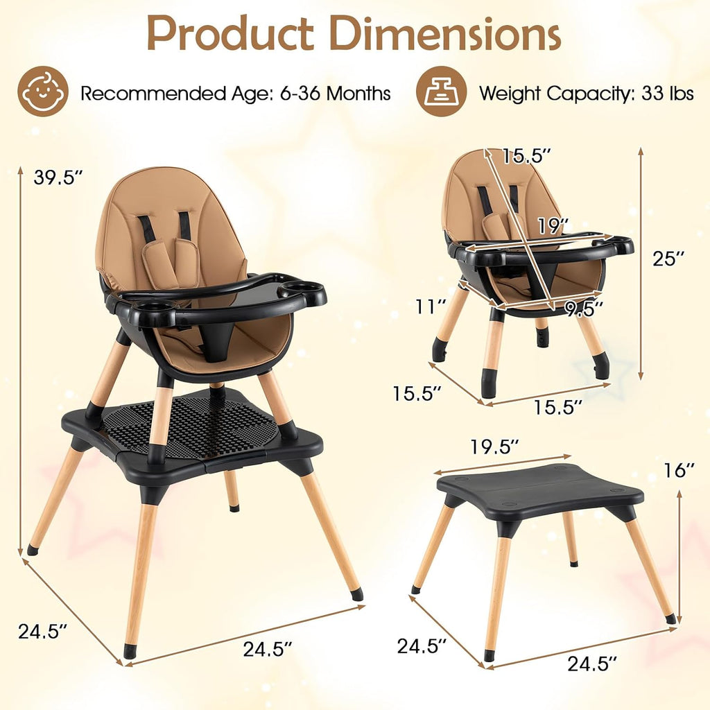 High Chair, 6-in-1 Convertible Wooden High Chairs for Babies and Toddlers w/Building Block Table, 5-Point Safety
