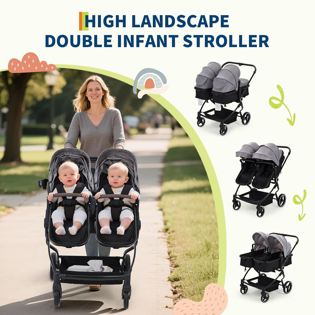 Side by Side Double Stroller for Twins, Lightweight Compact Foldable Baby Travel Stroller with High Landscape Seat