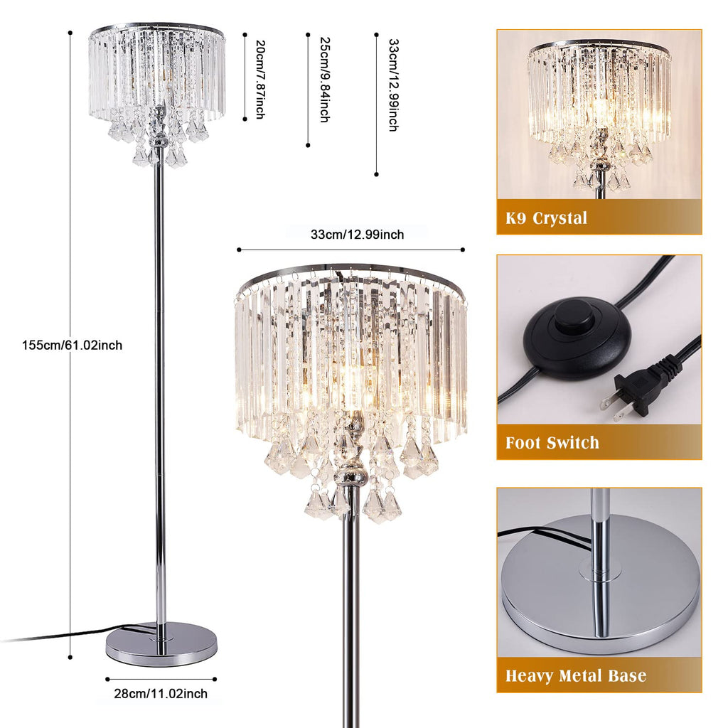 Modern Elegance Crystal Floor Lamp, On/Off Foot Switch, Crystal & Glass 3-Lights Standing Light, Reading Corner Lamp