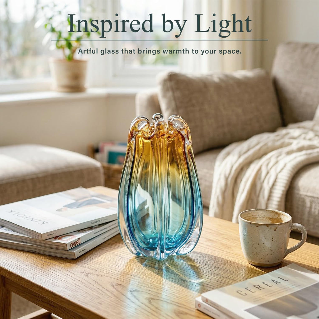 Hand Blown Glass Vase for Flowers, 9.45" Unique Murano Style Art Glass Vase, Fluted Teal Amber Ombre Decorative Vases