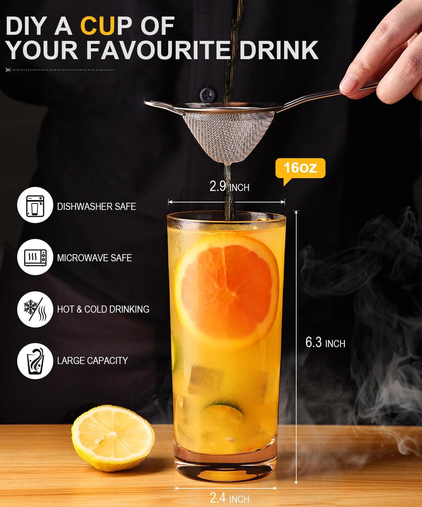 Drinking Water Glasses Set, Lead-Free Crystal Highball Glass, Tall Glass Cups for Cocktail Parties,Clear set of 4,16oz
