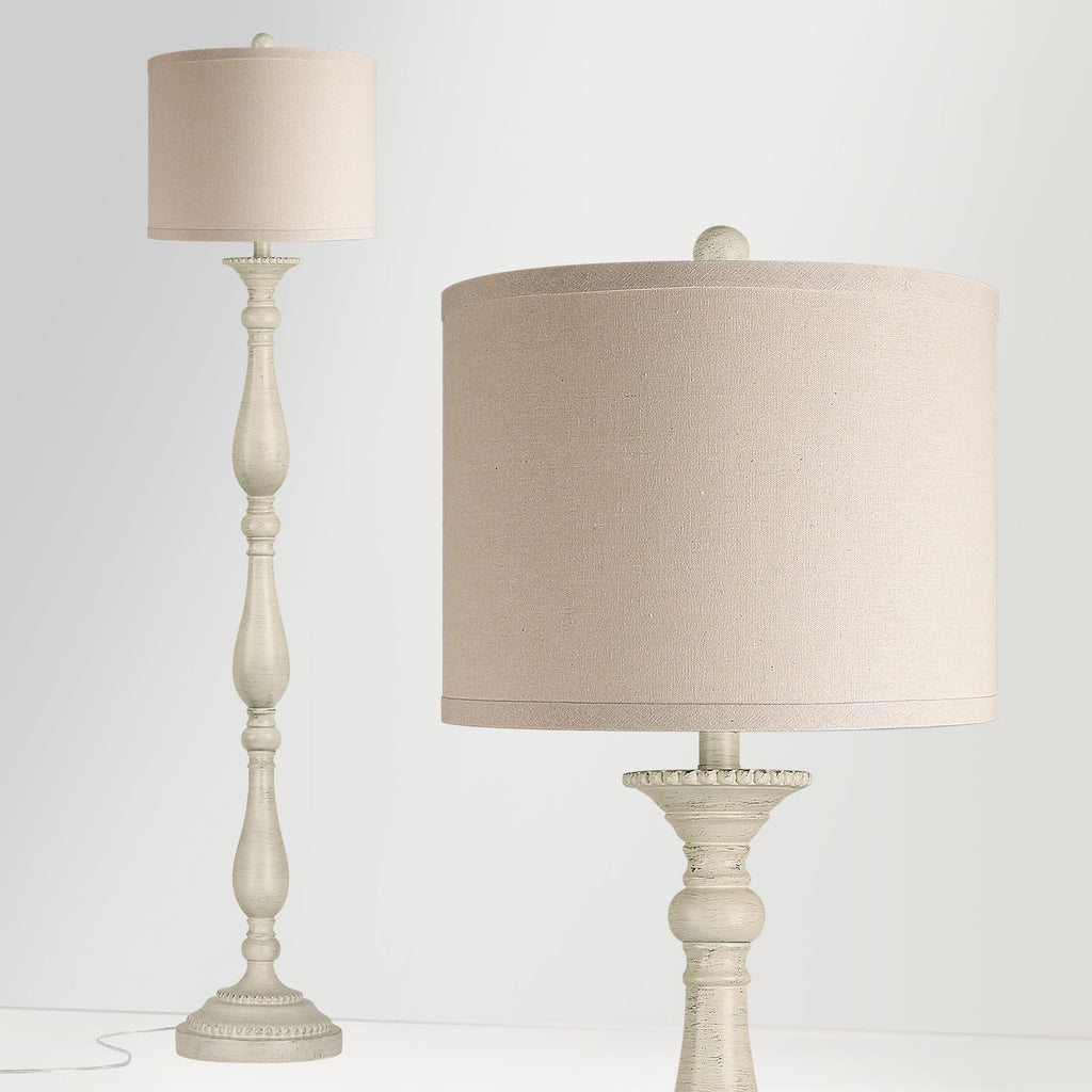 Vintage Floor Lamp, Rustic Farmhouse Standing Lamp with Rotary Switch and Linen Shade, Retro Resin Floor Lamp