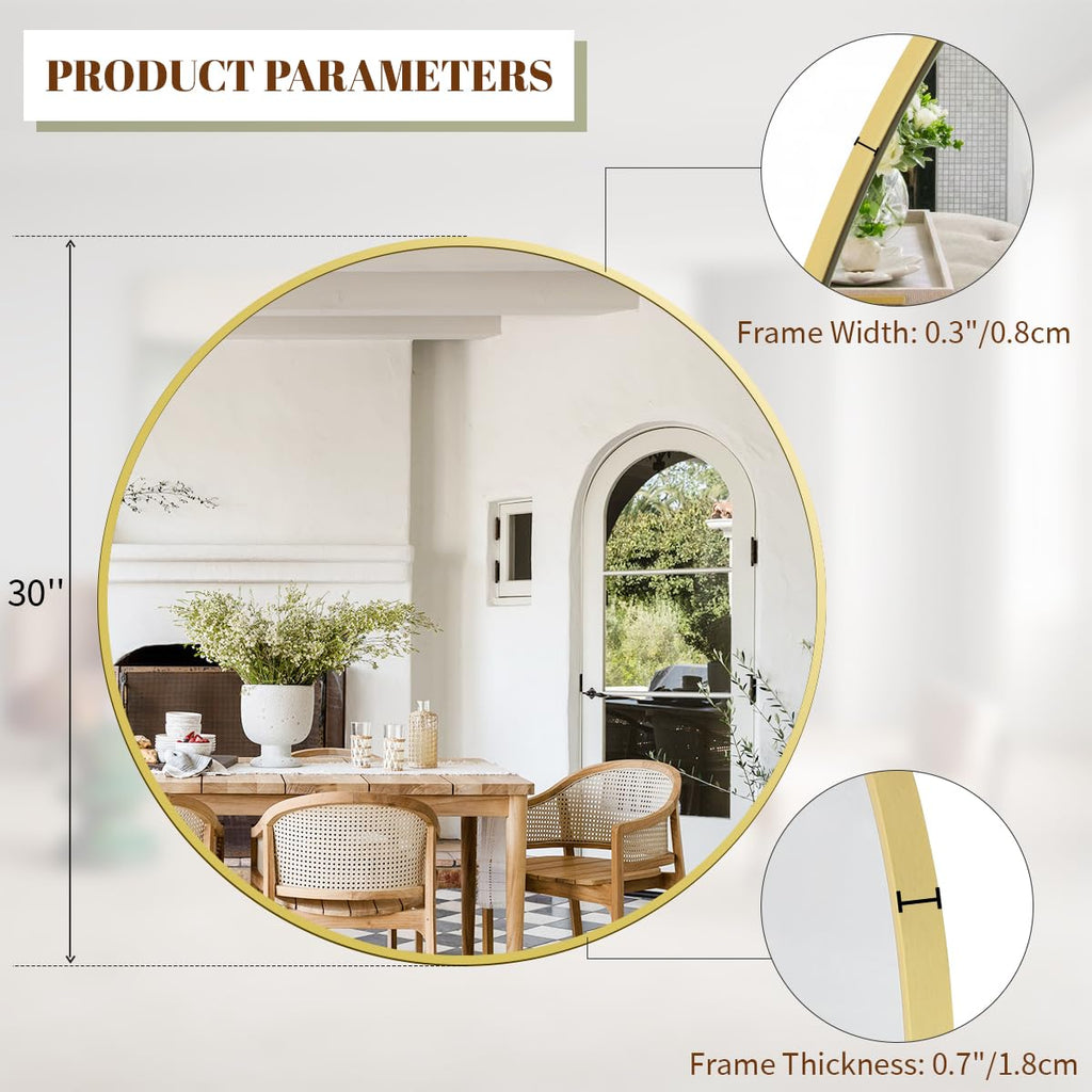 30 Inch Round Mirror, Metal Frame Circle Mirror, Gold