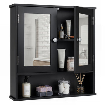 Bathroom Medicine Cabinet with Mirror, Wall Mounted Wooden Hanging Organizer with Doors and Shelves, Bathroom Wall