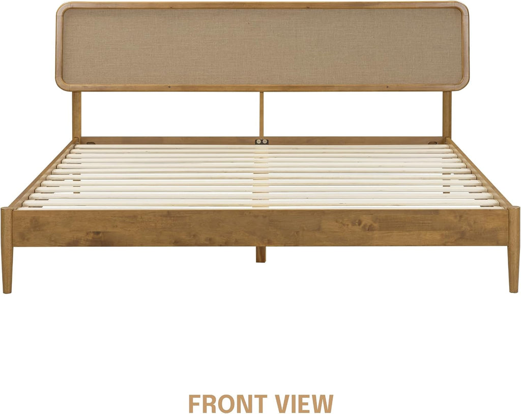 Lupin Wooden Bed Frame with Headboard, Solid Oak and Rubber Wood Foundation with Silent Slats and Wood Central - Set of 6