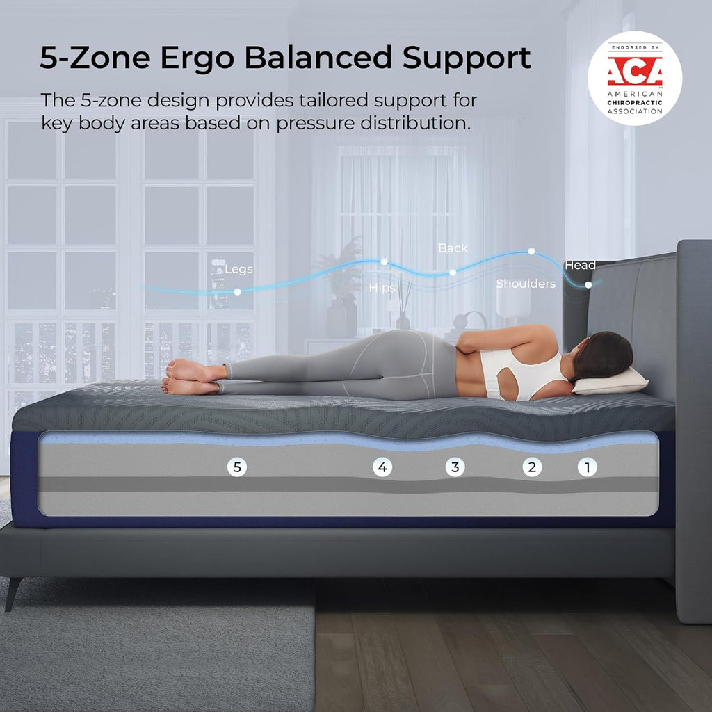 CoolNest 12 Inch Queen Size Mattress, Cool Memory Foam Mattress | Cool Night Sleep, 5-Zone Ergo Support for Pressure