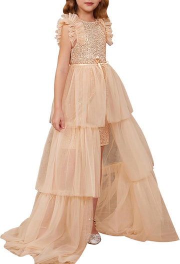 Girls Sequin Formal Pageant Fancy Party Ruffle Prom Maxi Dress