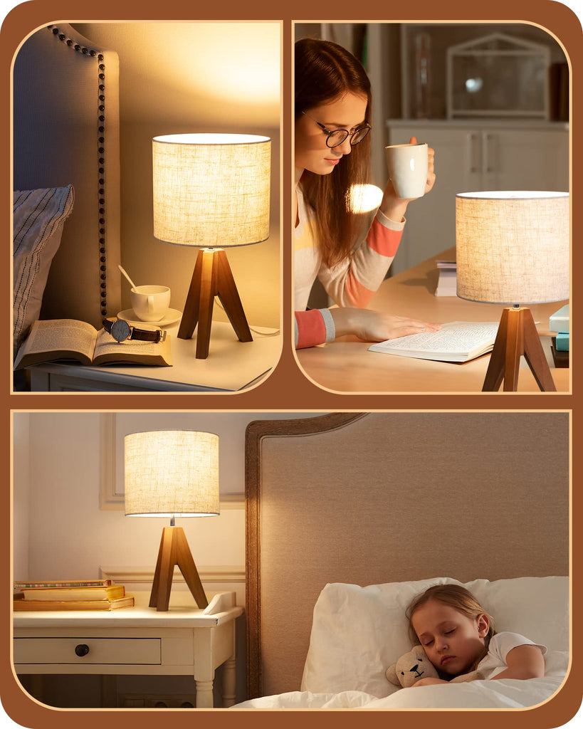 Small Table Lamp, Wooden Tripod Nightstand Lamp, 14.2", 2 Pack