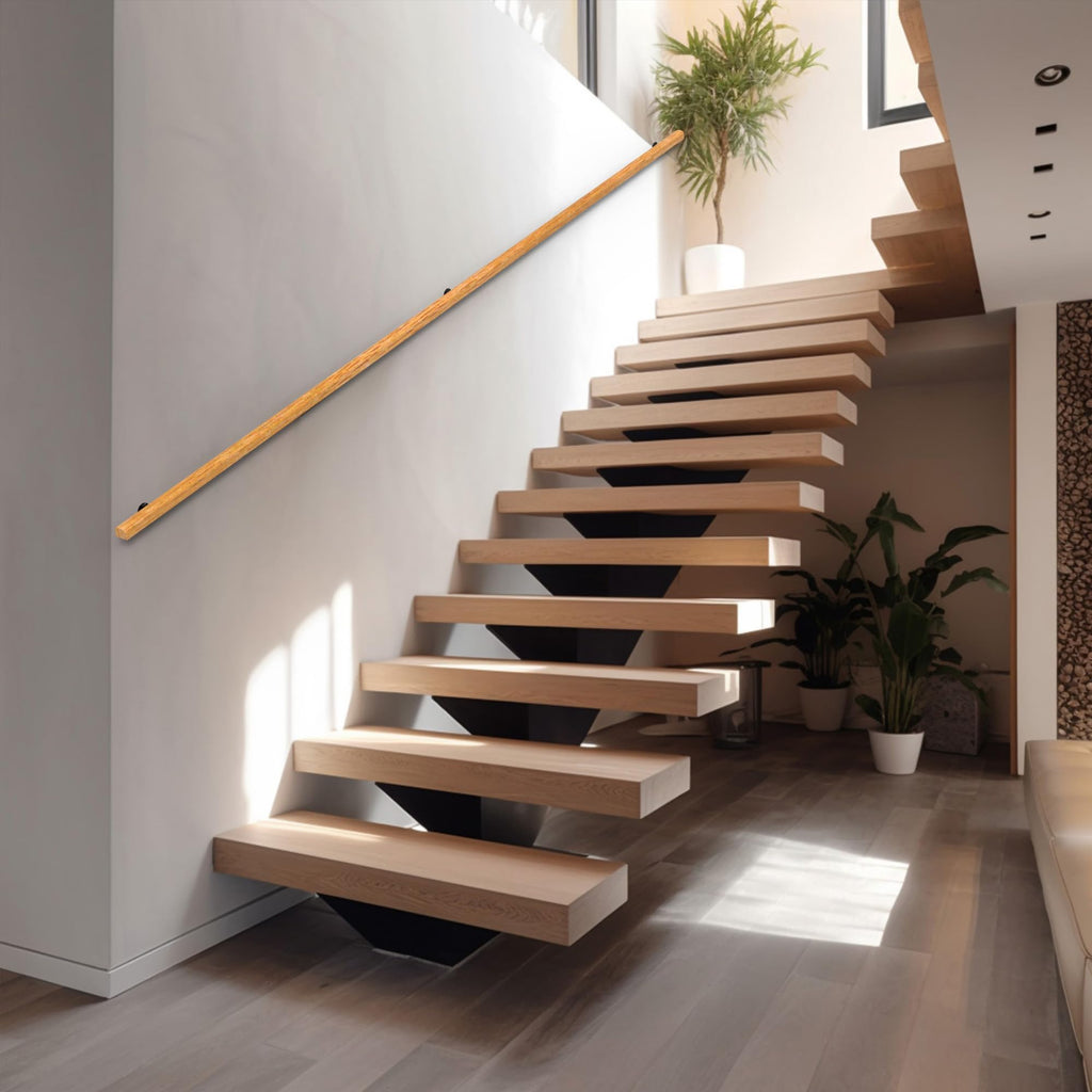 6FT Wood Stair Handrails Wall Mount, Hand Railings for Stairs Indoor Outdoor, Non-Slip Staircase Handrail for