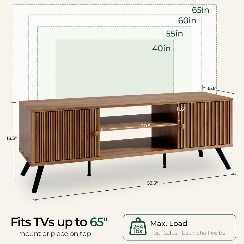 TV Stand, Mid Century Modern Entertainment Center for 55/60/65 Inch TVs, Retro Brown TV Console with Fluted Door
