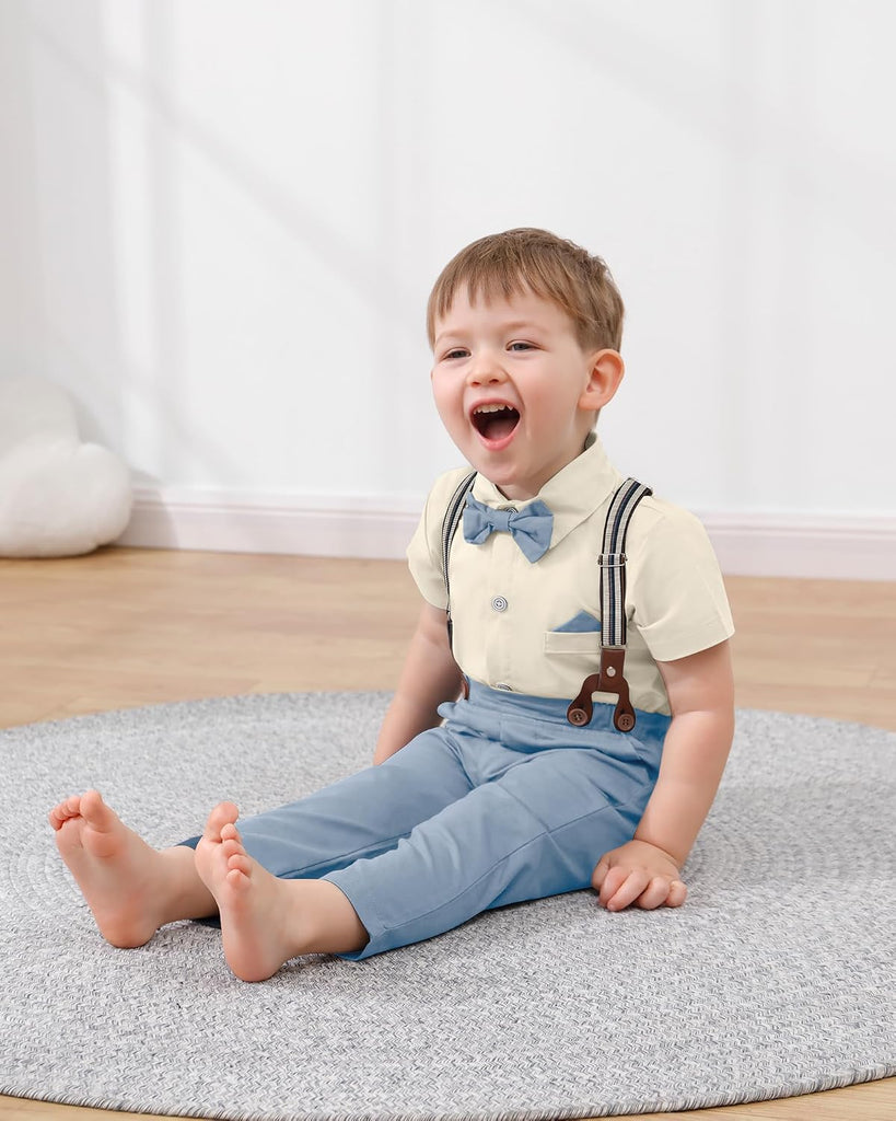 Toddler Boys Semi Formal Outfit 3pcs Sets Short Dress Shirt Suspender Pants Bow Tie