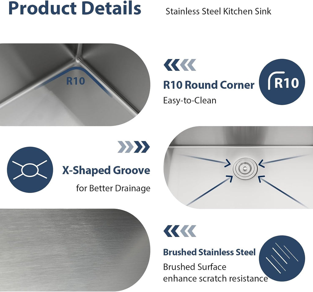 33 Inch Undermount Kitchen Sink Workstation 33"x19"x10" | SUS304 16 Gauge Single Bowl Handmade Under Counter Kitchen