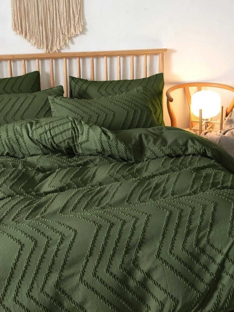 King Size Comforter Set Dark Green Tufted Boho Soft Shabby Chic Reversible Down Alternative Microfiber Bedding Set