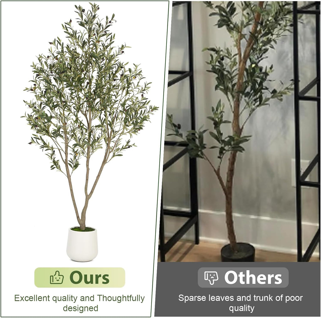 Olive Trees Artificial Indoor, 6FT Tall Faux Olive Tree with White Tall Planter, Artificial Plants with Natural Wood