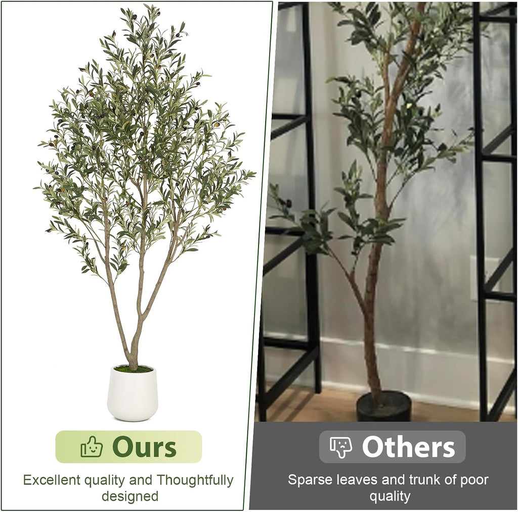 Olive Trees Artificial Indoor, 5FT Tall Faux Olive Tree with White Tall Planter, Artificial Plants with Natural Wood