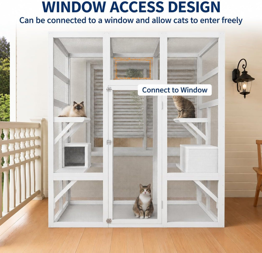 70" Large Outdoor Catio Cat Enclosure, Wood Cat Patio with Waterproof UV-Resistant Roof, Cats Shelter with 5