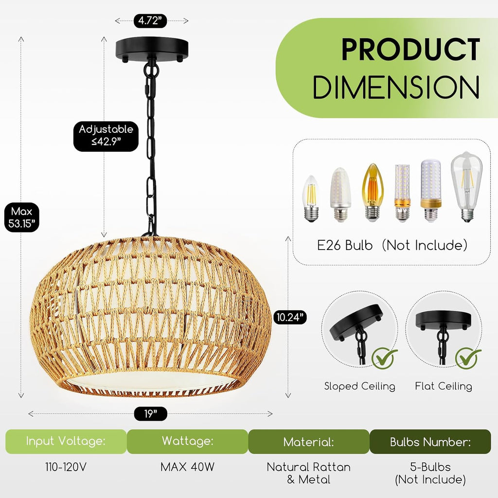 5-Lights Boho Rattan Chandelier for Dining Room, 19" Farmhouse Chandelier Light Fixtures with Fabric Shade, Large