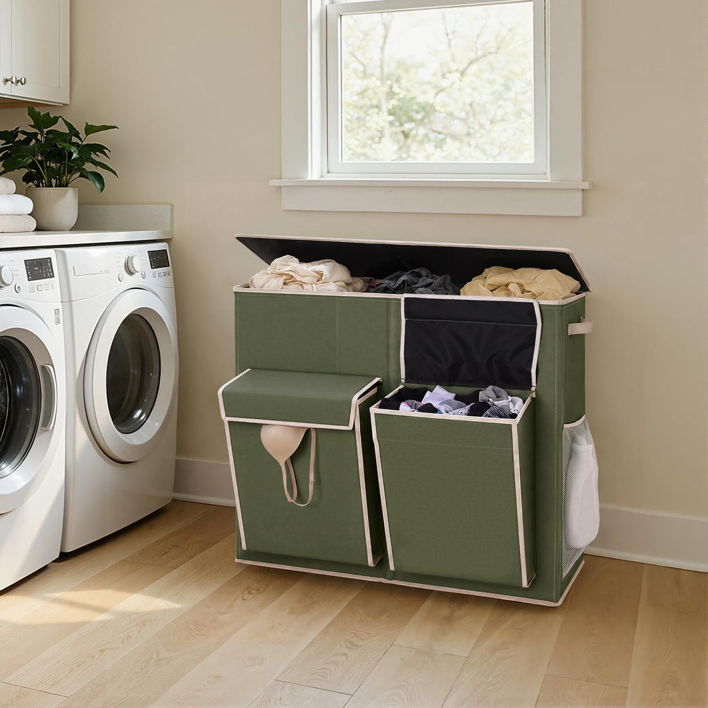 220L Laundry Hamper 3 Section with Lid and 2 Side Pockets
