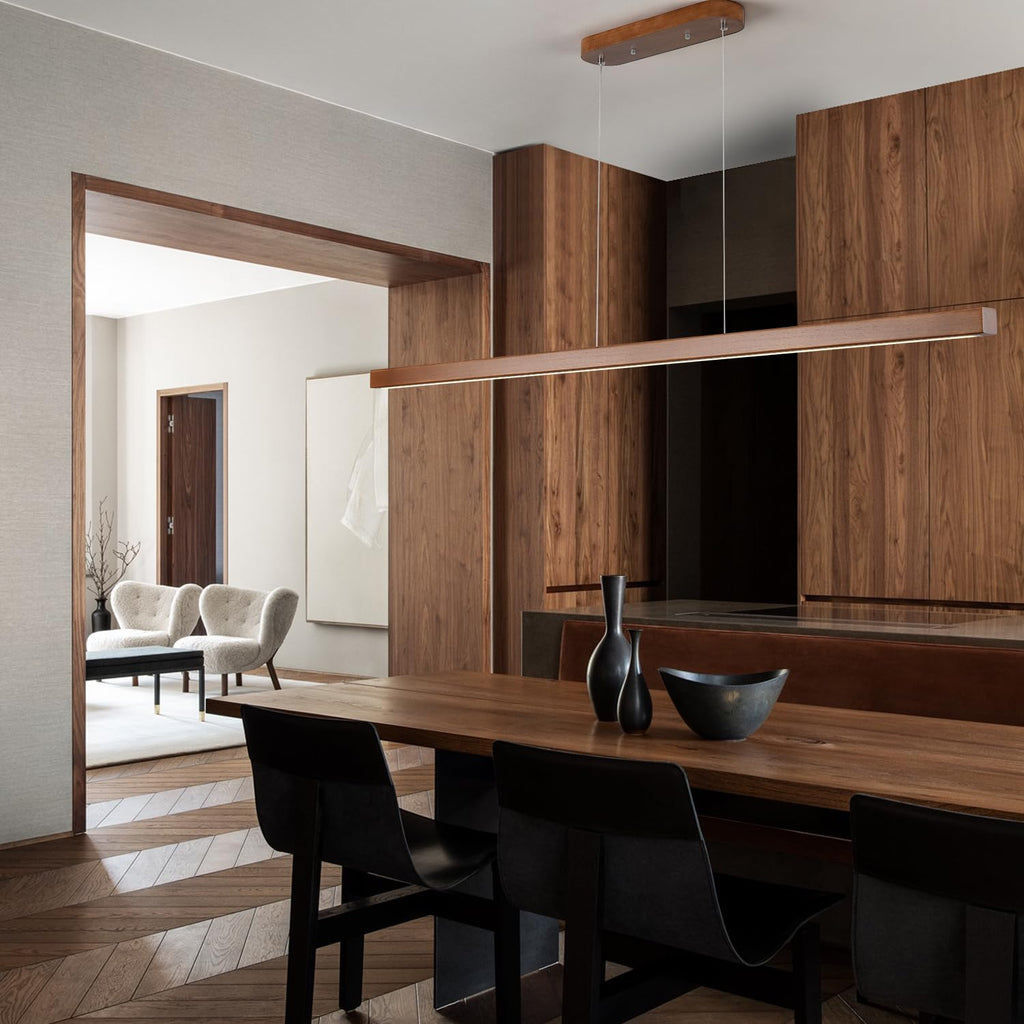 71" Wood Linear Pendant Light Modern LED Dimmable Ceiling Hanging Light Fixtures Wood Linear Chandeliers 40w Kitchen