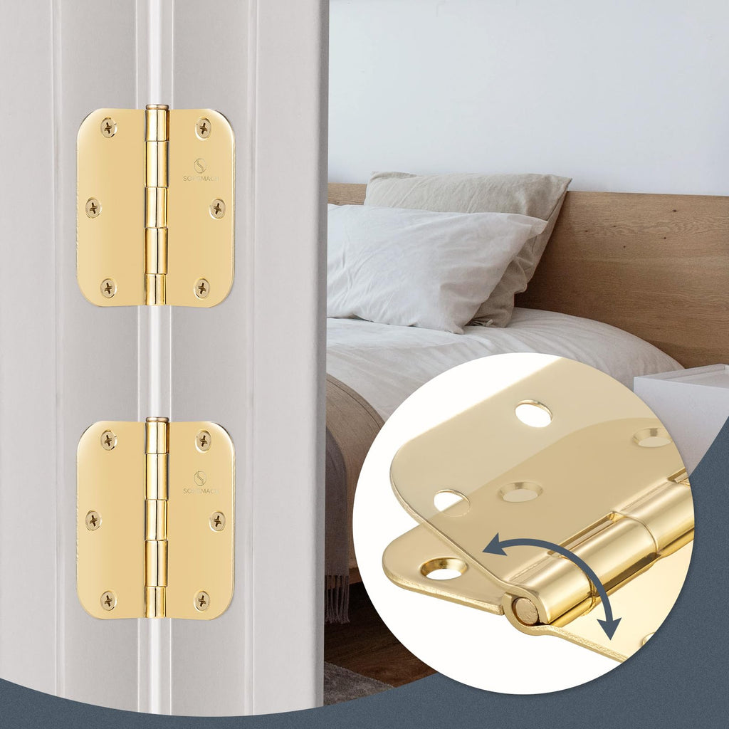 Door Hinges Polished Brass 3.5 Inch Interior Hinges 5/8" Radius Brushed Brass Door Hinges - 30 Pack