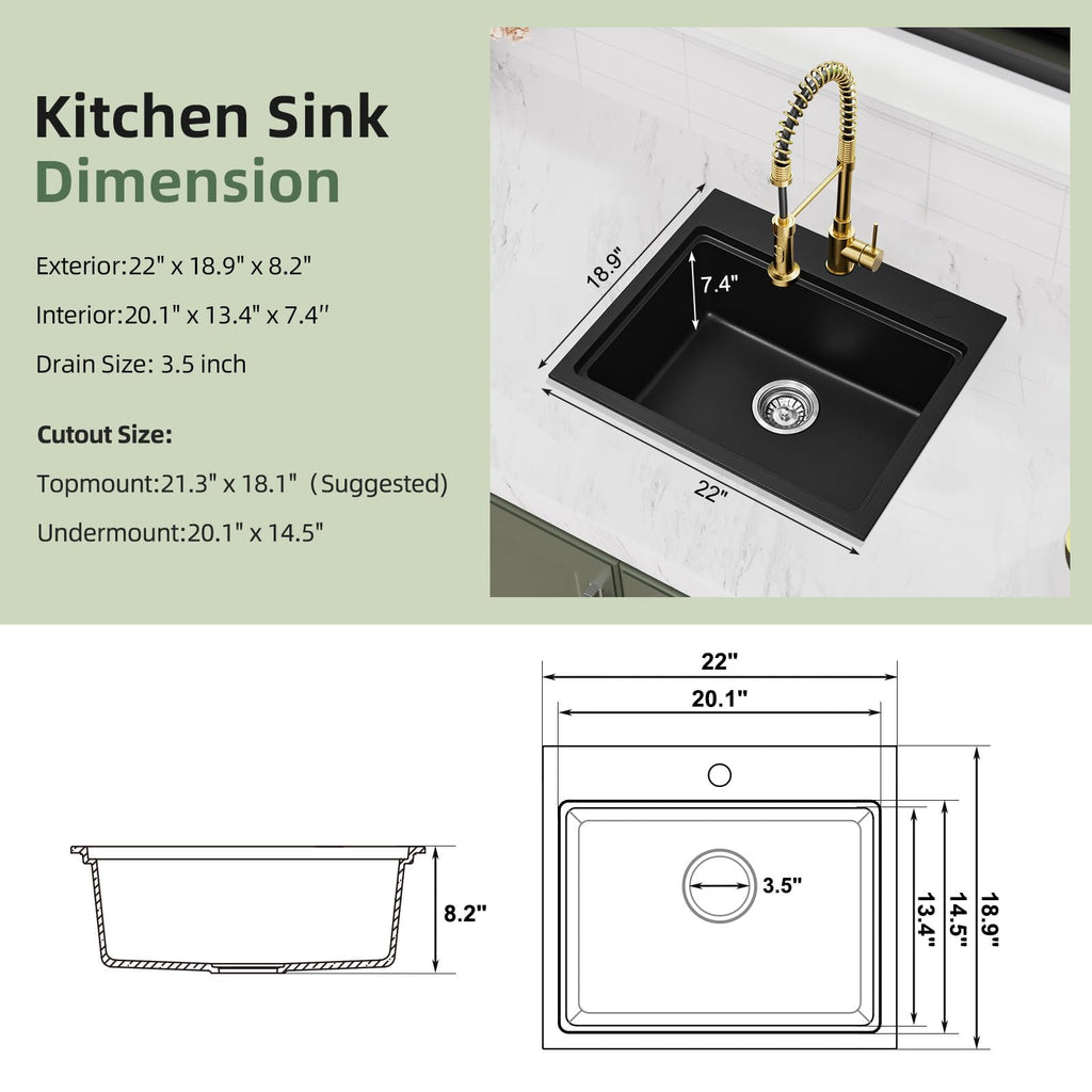 22 Inch Granite Kitchen Sink Workstation, 22 x 19 Black Drop In/Undermount Kitchen Sink, Deep Quartz Composite Single