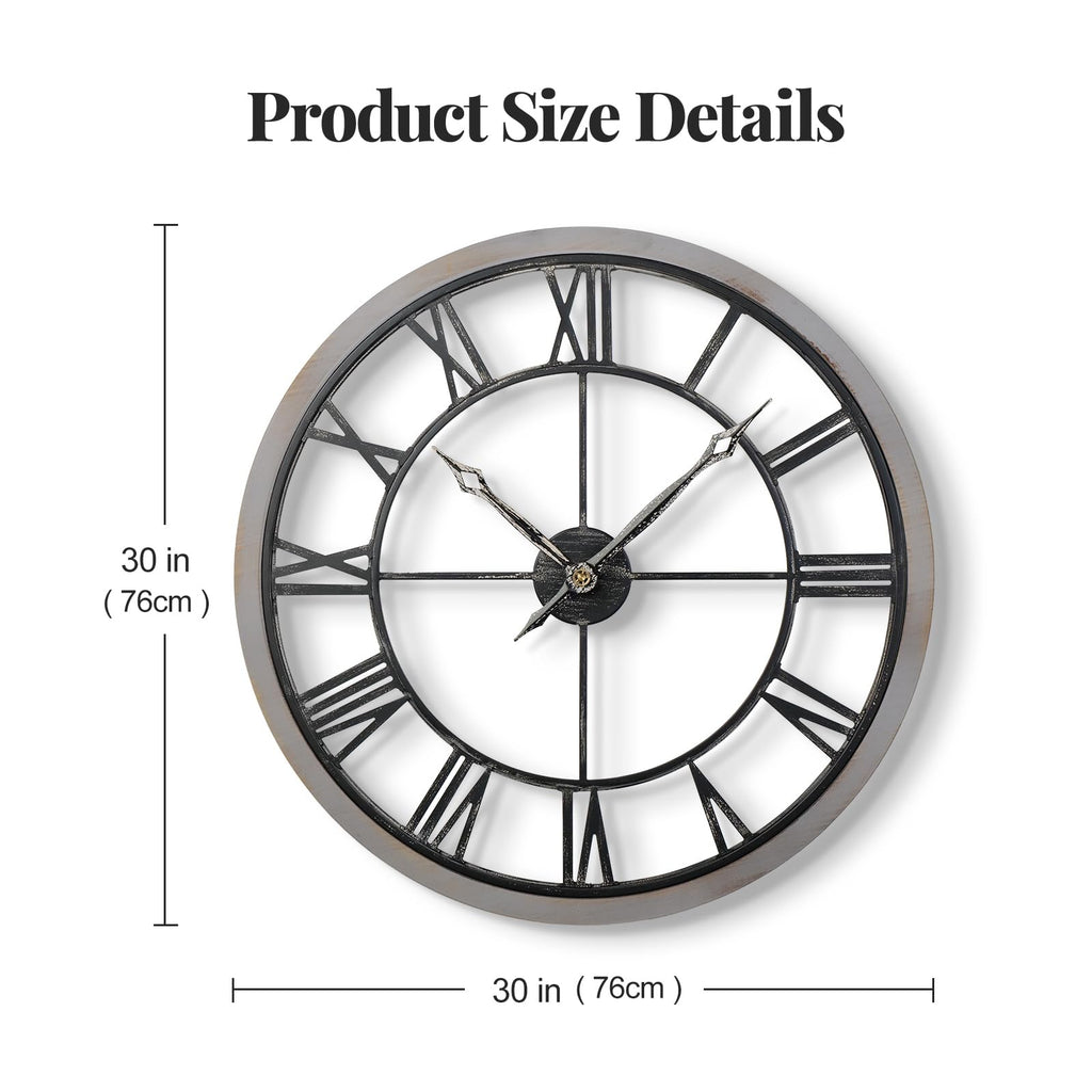 30 Inch Large Wall Clock Rustic Industrial Wood Frame Roman Numeral