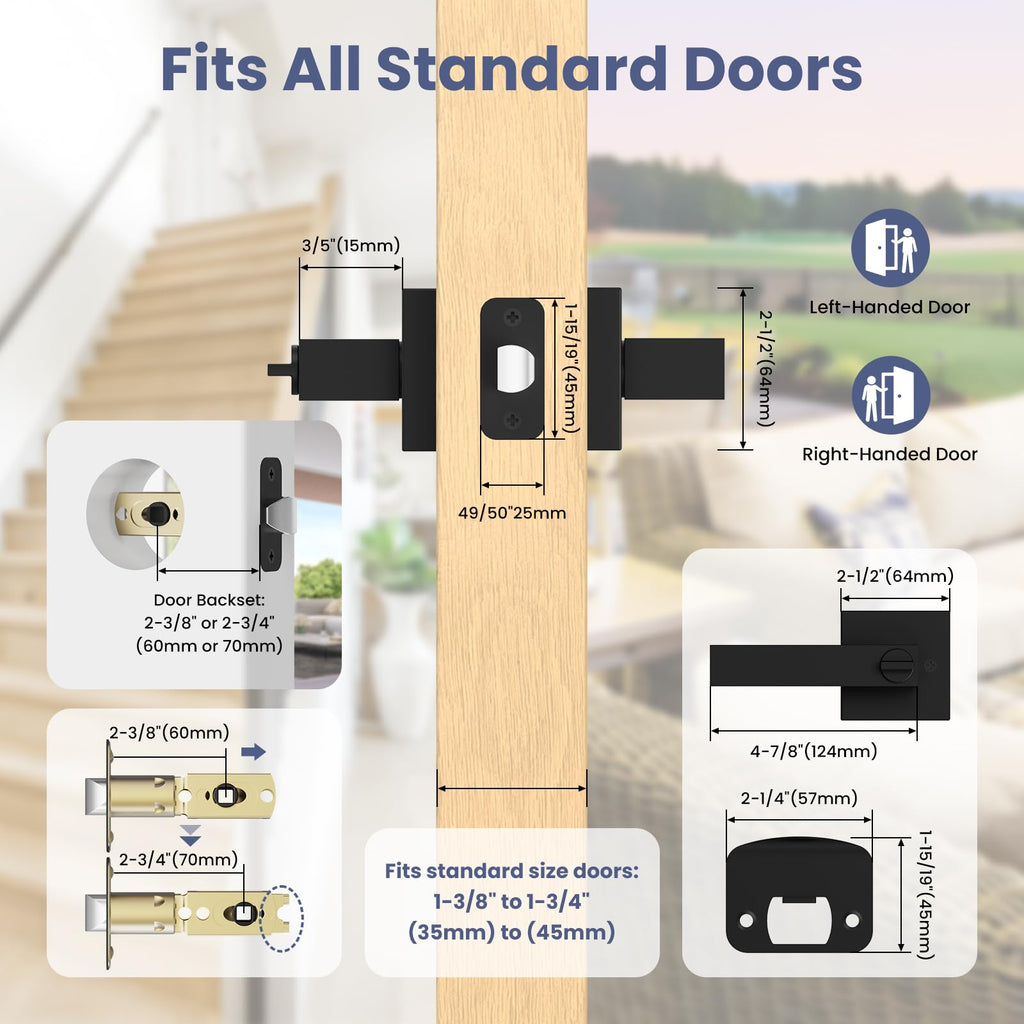 6 Pack Matte Black Door Handle, Keyless Interior Door Knobs Square Privacy Door Levers Heavy Duty Door Locks