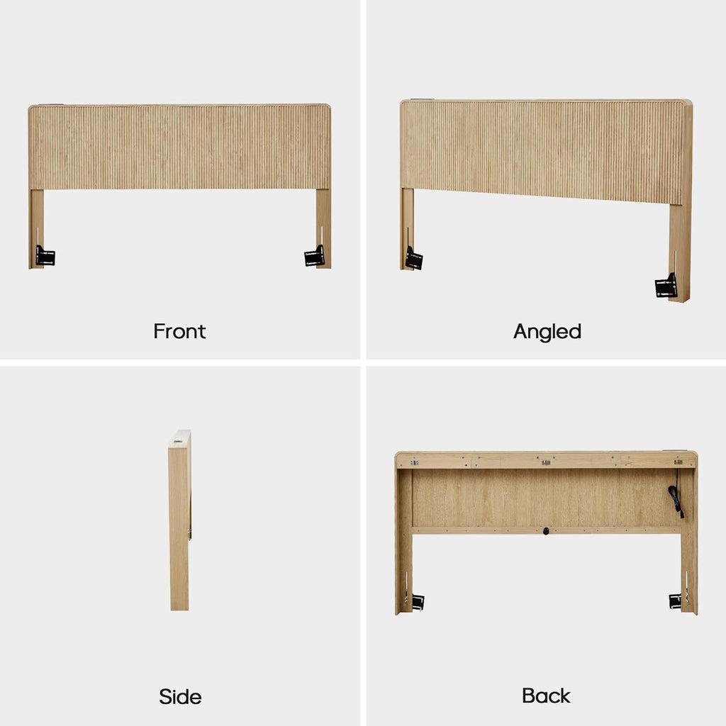 Wood Fluted Headboard King, Modern Wall Mounted Headboard King Headboard Only with 2 Outlets and USB & Type C Port