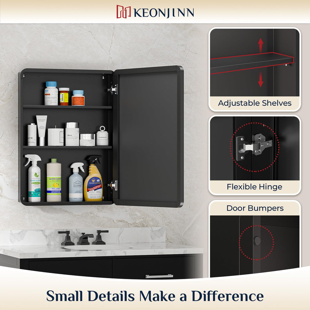 16" x 24" Black Medicine Cabinet Mirror, Stainless Steel Framed