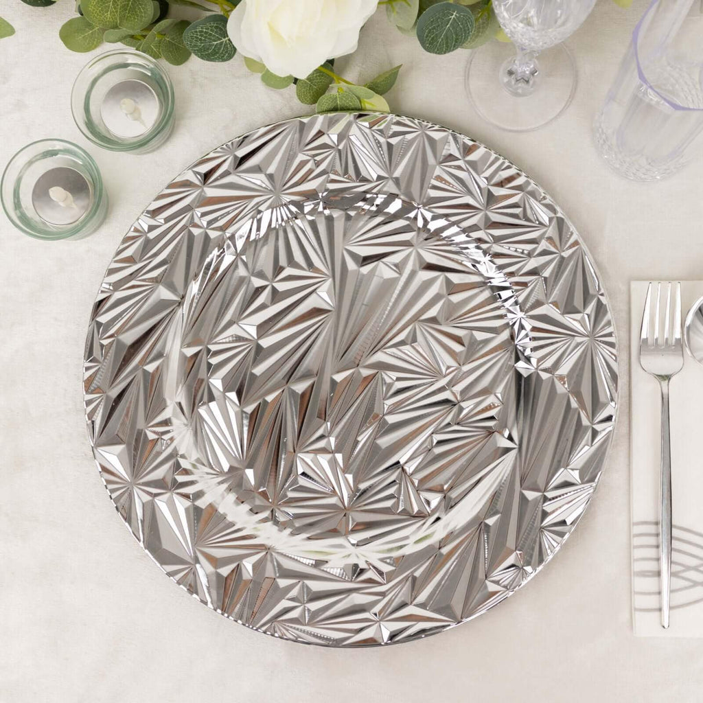 12-Pack Acrylic Charger Plates, Round 13" Metallic Silver Rock Cut Design with Beaded Rim - Decorative Dinner Serving