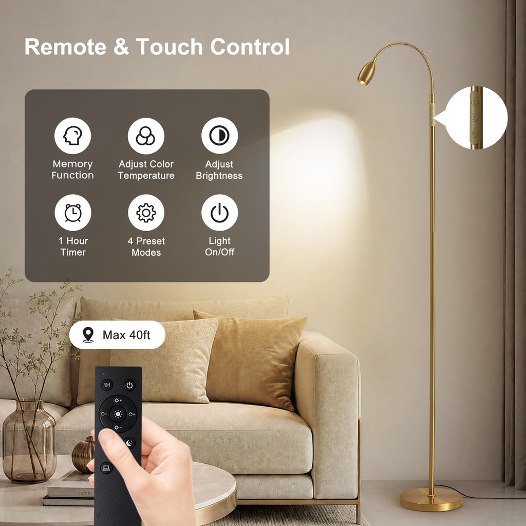 72" Reading Floor Lamp, Gooseneck LED Lamp with Zoomable Spotlight, Gold