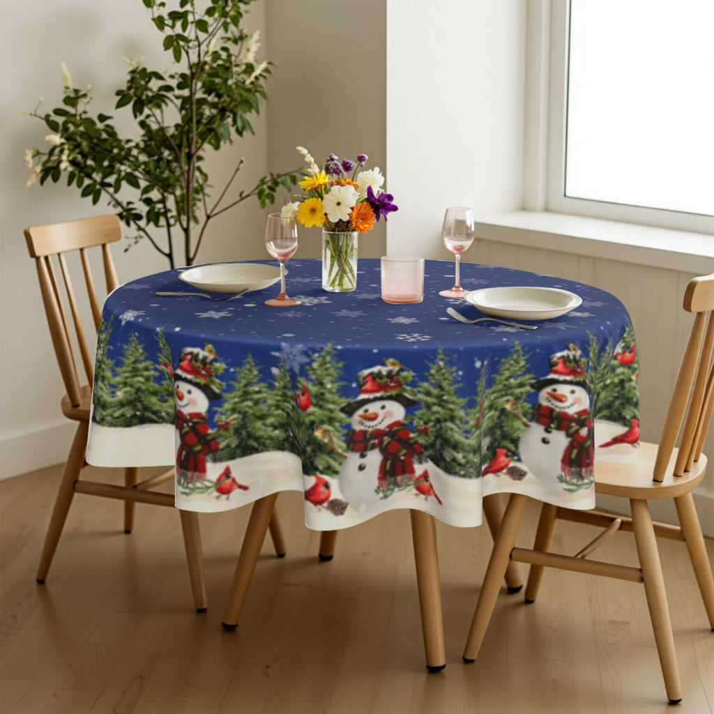 Christmas Round Tablecloth 70 Inch Snowman Winter Table Cover